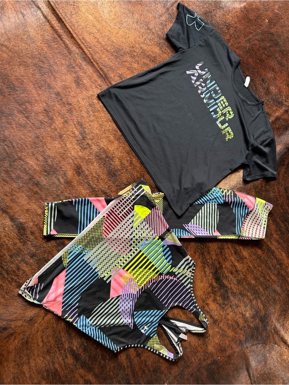 Under Armour Black Top with Multicolor Geometric Leggings and Tank Top